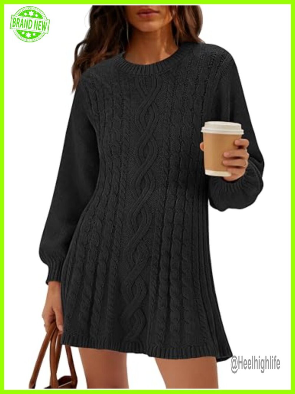Womens Cable Knit Sweater Dress Long Sleeve Crew Neck Loose Fit
